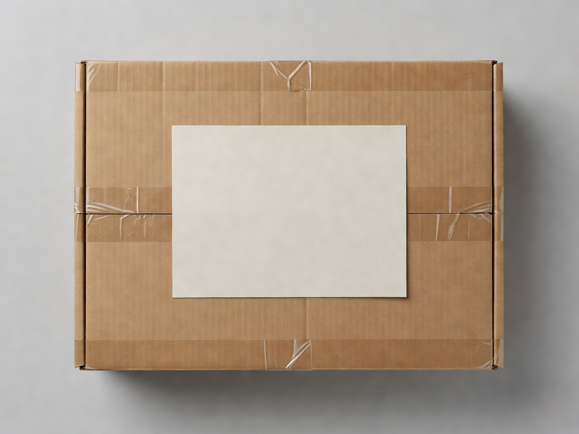 Soft-lit render of a securely taped box with a neutral sample label positioned flat on a broad face